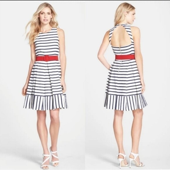 Eliza J striped fit & flare sleevless dress red belt size 4 - Picture 1 of 9